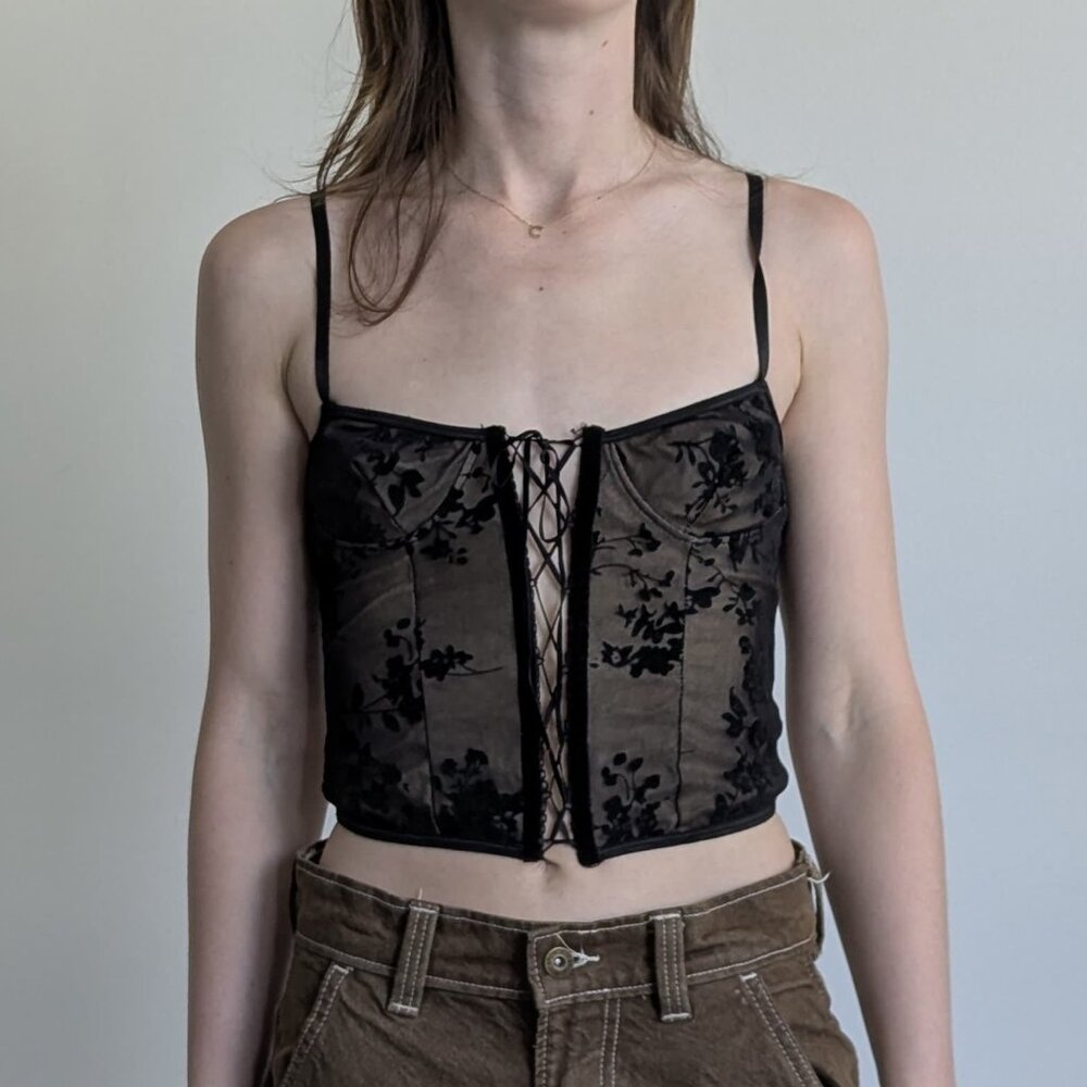 Unbranded Size Extra Small (XS) Black Floral Velvet Lace-Up Corset Top Bustier